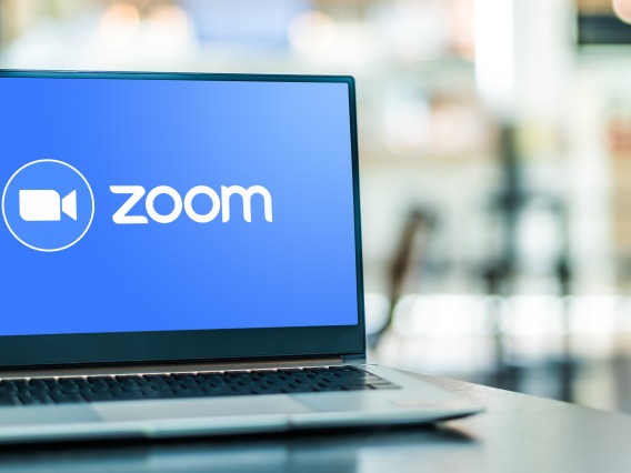 Laptop with the Zoom logo on the screen. 