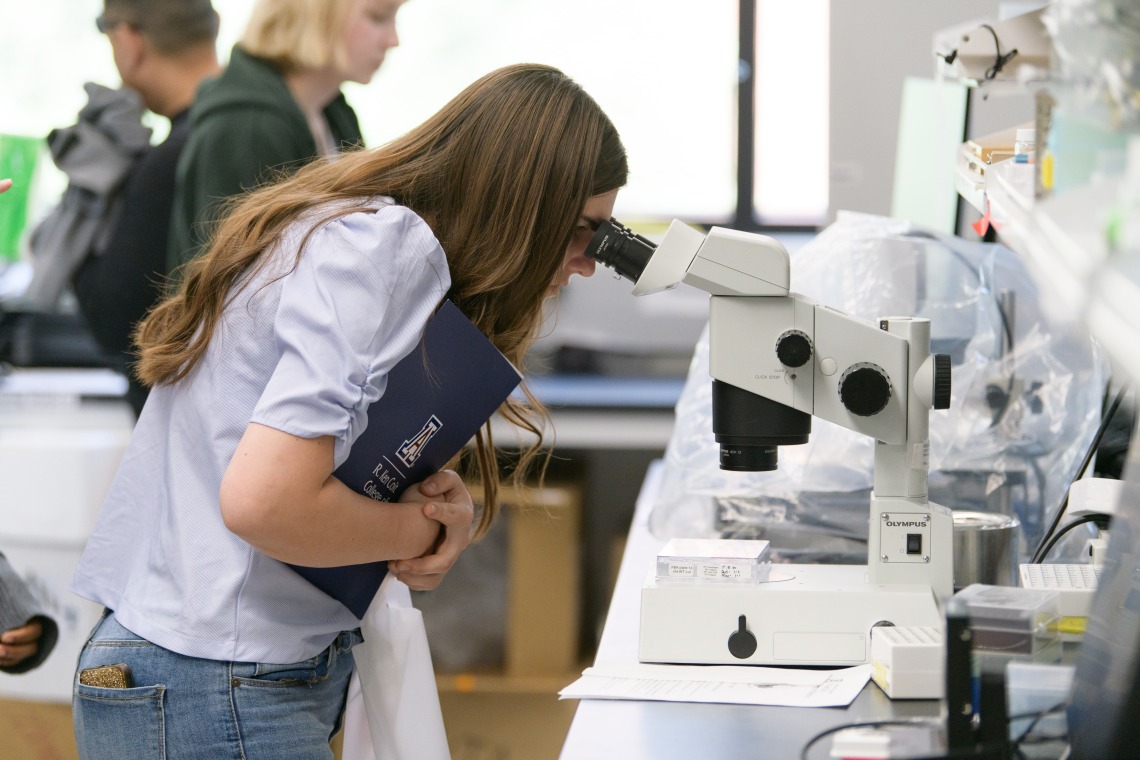 Young woman examines a sample in a microscope 