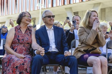 Ken and Donna Coit react to the unveiling of the Coit Statue.